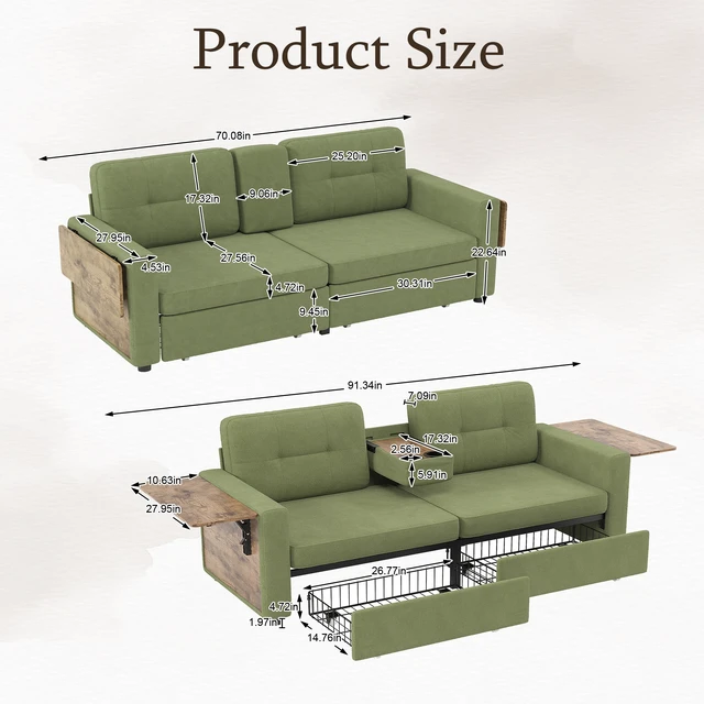 Alt view image 6 of 7 - Loveseat Sofa for Living, Chenille Fabric Couch with Pull-Out Storage Drawers Foldable Side Tables Cup Holder Console
