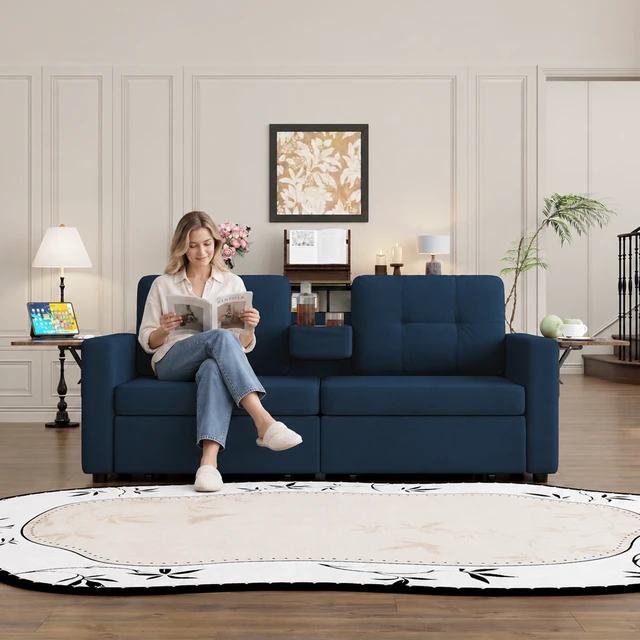 Alt view image 2 of 7 - Loveseat Sofa for Living, Chenille Fabric Couch with Pull-Out Storage Drawers Foldable Side Tables Cup Holder Console