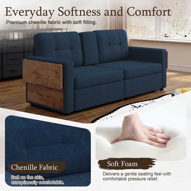 Alt view image 4 of 7 - Loveseat Sofa for Living, Chenille Fabric Couch with Pull-Out Storage Drawers Foldable Side Tables Cup Holder Console
