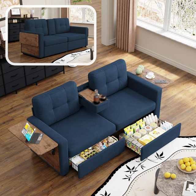 Main image of Loveseat Sofa for Living, Chenille Fabric Couch with Pull-Out Storage Drawers Foldable Side Tables Cup Holder Console