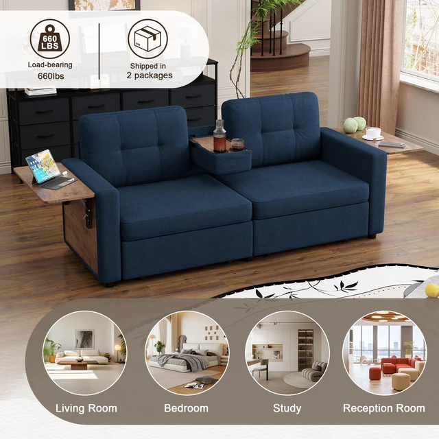Alt view image 5 of 7 - Loveseat Sofa for Living, Chenille Fabric Couch with Pull-Out Storage Drawers Foldable Side Tables Cup Holder Console
