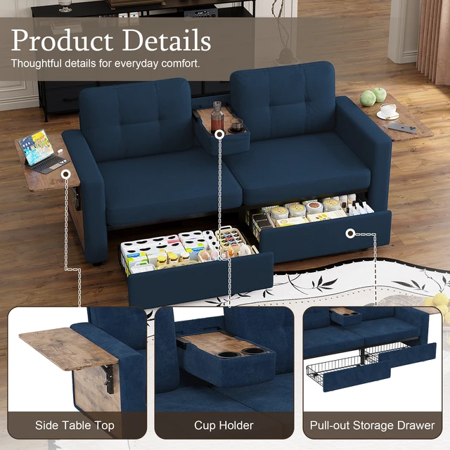 Alt view image 3 of 7 - Loveseat Sofa for Living, Chenille Fabric Couch with Pull-Out Storage Drawers Foldable Side Tables Cup Holder Console
