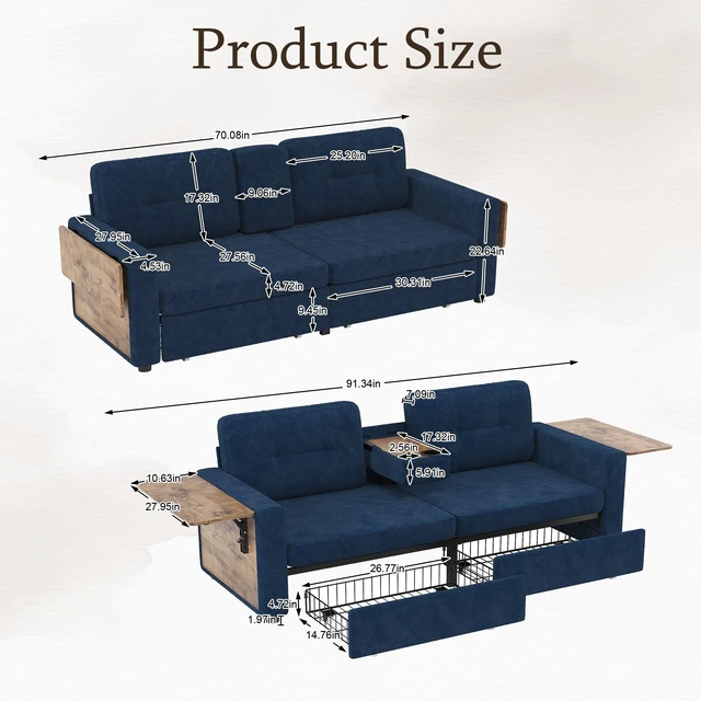 Alt view image 6 of 7 - Loveseat Sofa for Living, Chenille Fabric Couch with Pull-Out Storage Drawers Foldable Side Tables Cup Holder Console