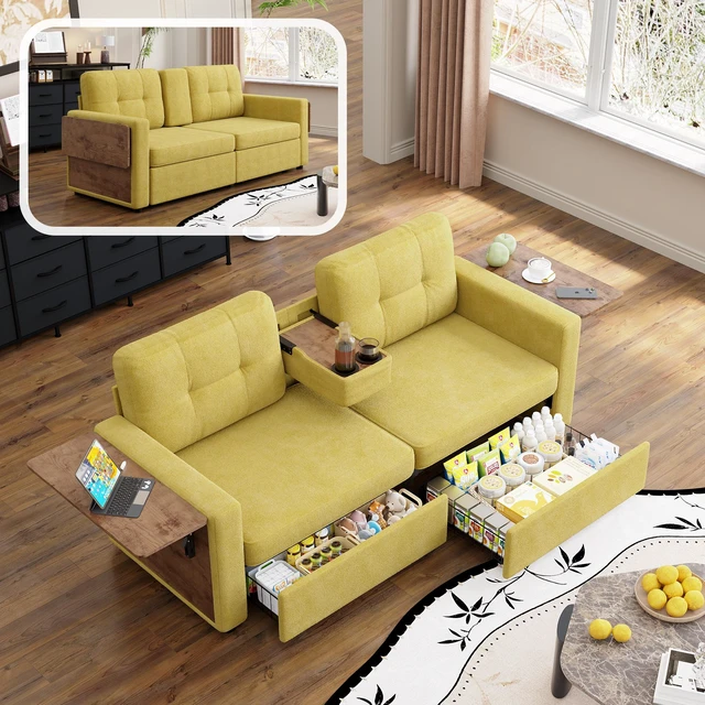 Main image of Loveseat Sofa for Living, Chenille Fabric Couch with Pull-Out Storage Drawers Foldable Side Tables Cup Holder Console