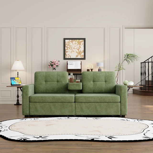 Alt view image 7 of 7 - Loveseat Sofa for Living, Chenille Fabric Couch with Pull-Out Storage Drawers Foldable Side Tables Cup Holder Console