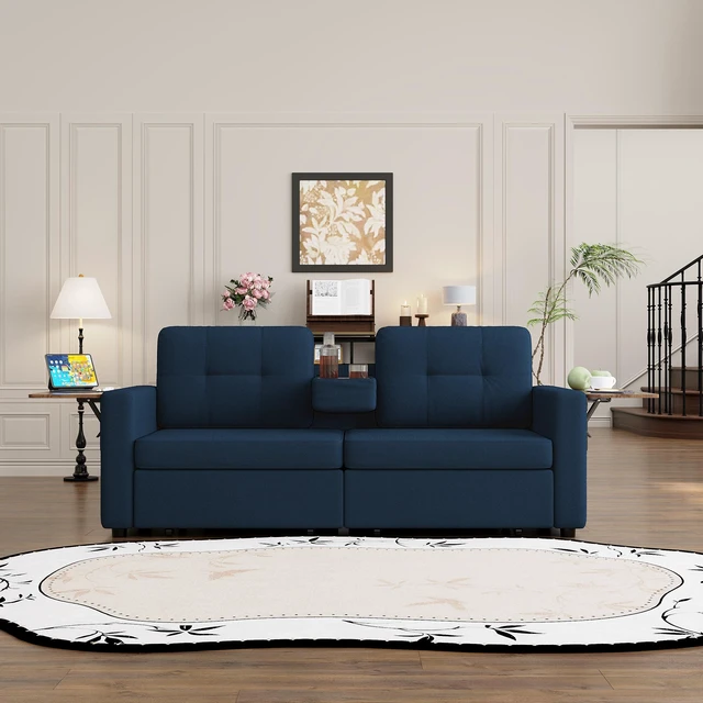 Alt view image 7 of 7 - Loveseat Sofa for Living, Chenille Fabric Couch with Pull-Out Storage Drawers Foldable Side Tables Cup Holder Console