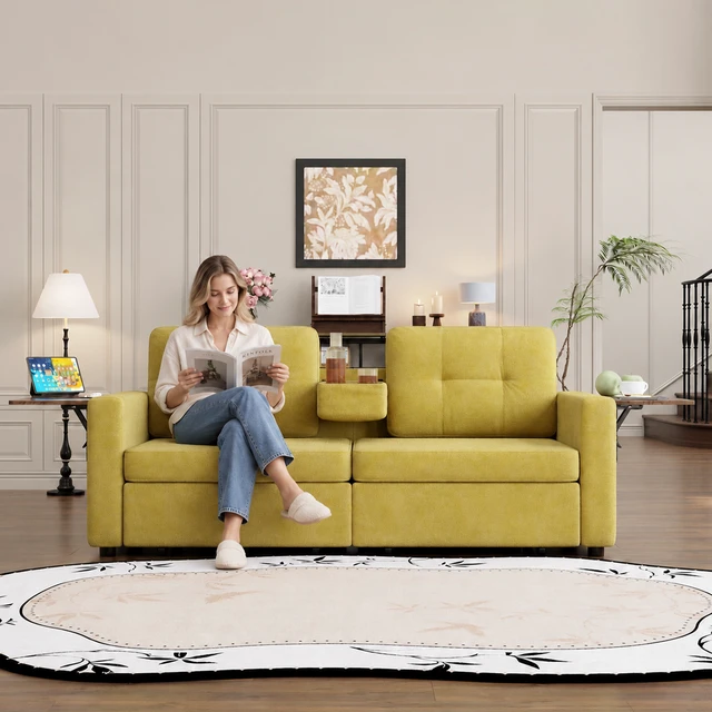 Alt view image 2 of 7 - Loveseat Sofa for Living, Chenille Fabric Couch with Pull-Out Storage Drawers Foldable Side Tables Cup Holder Console