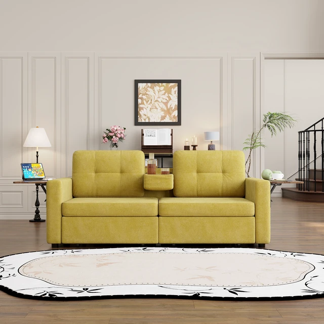 Alt view image 7 of 7 - Loveseat Sofa for Living, Chenille Fabric Couch with Pull-Out Storage Drawers Foldable Side Tables Cup Holder Console