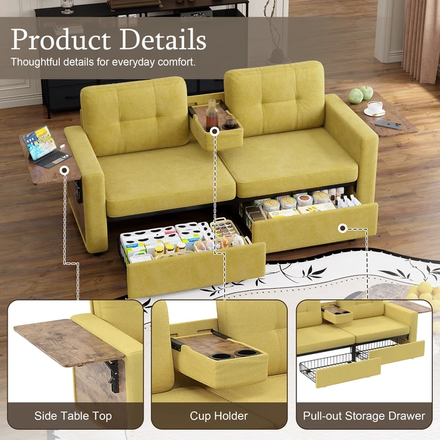 Alt view image 3 of 7 - Loveseat Sofa for Living, Chenille Fabric Couch with Pull-Out Storage Drawers Foldable Side Tables Cup Holder Console