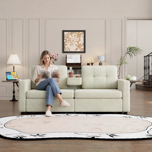 Alt view image 2 of 7 - Loveseat Sofa for Living, Chenille Fabric Couch with Pull-Out Storage Drawers Foldable Side Tables Cup Holder Console