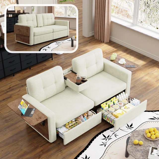 Main image of Loveseat Sofa for Living, Chenille Fabric Couch with Pull-Out Storage Drawers Foldable Side Tables Cup Holder Console