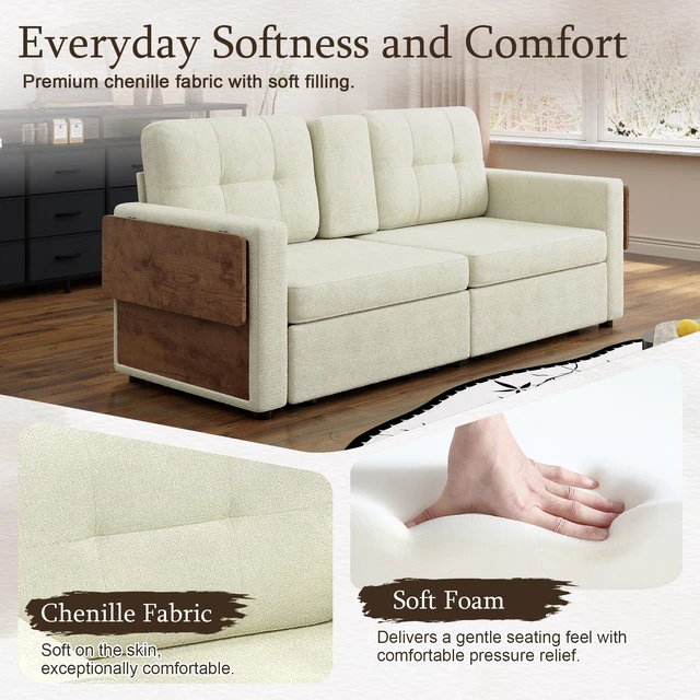 Alt view image 4 of 7 - Loveseat Sofa for Living, Chenille Fabric Couch with Pull-Out Storage Drawers Foldable Side Tables Cup Holder Console