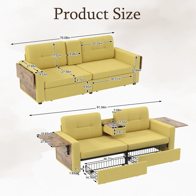 Alt view image 6 of 7 - Loveseat Sofa for Living, Chenille Fabric Couch with Pull-Out Storage Drawers Foldable Side Tables Cup Holder Console