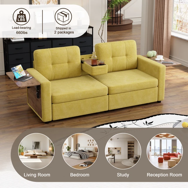 Alt view image 5 of 7 - Loveseat Sofa for Living, Chenille Fabric Couch with Pull-Out Storage Drawers Foldable Side Tables Cup Holder Console