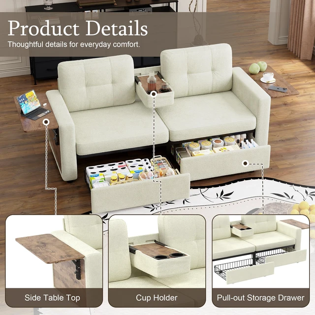 Alt view image 3 of 7 - Loveseat Sofa for Living, Chenille Fabric Couch with Pull-Out Storage Drawers Foldable Side Tables Cup Holder Console