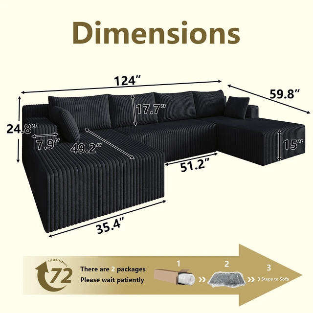 Alt view image 2 of 4 - Modular Sectional Sleeper Sofa, Corduroy Cloud Couch for Living Assembly Required, Black, Foam