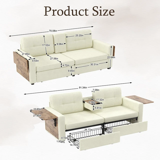 Alt view image 6 of 7 - Loveseat Sofa for Living, Chenille Fabric Couch with Pull-Out Storage Drawers Foldable Side Tables Cup Holder Console