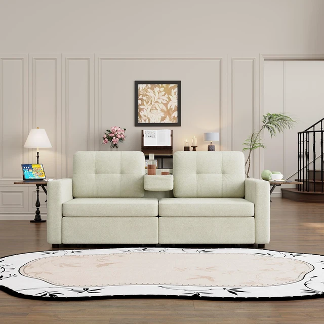 Alt view image 7 of 7 - Loveseat Sofa for Living, Chenille Fabric Couch with Pull-Out Storage Drawers Foldable Side Tables Cup Holder Console