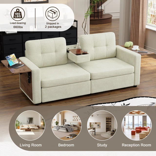 Alt view image 5 of 7 - Loveseat Sofa for Living, Chenille Fabric Couch with Pull-Out Storage Drawers Foldable Side Tables Cup Holder Console
