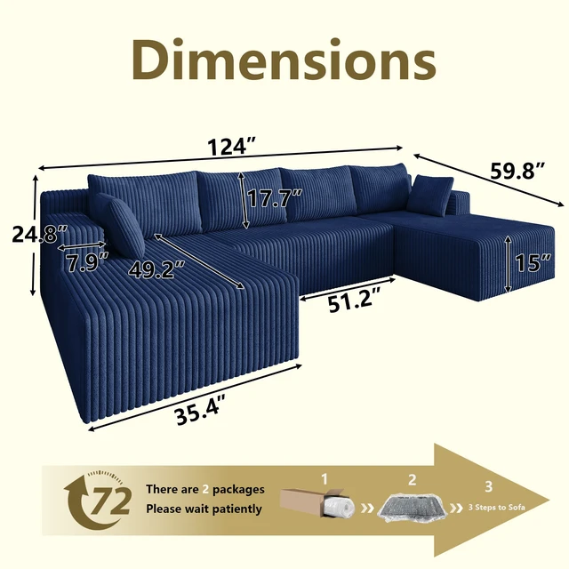 Alt view image 3 of 3 - Modular Sectional Sleeper Sofa, Corduroy Cloud Couch for Living Assembly Required, Blue, Foam
