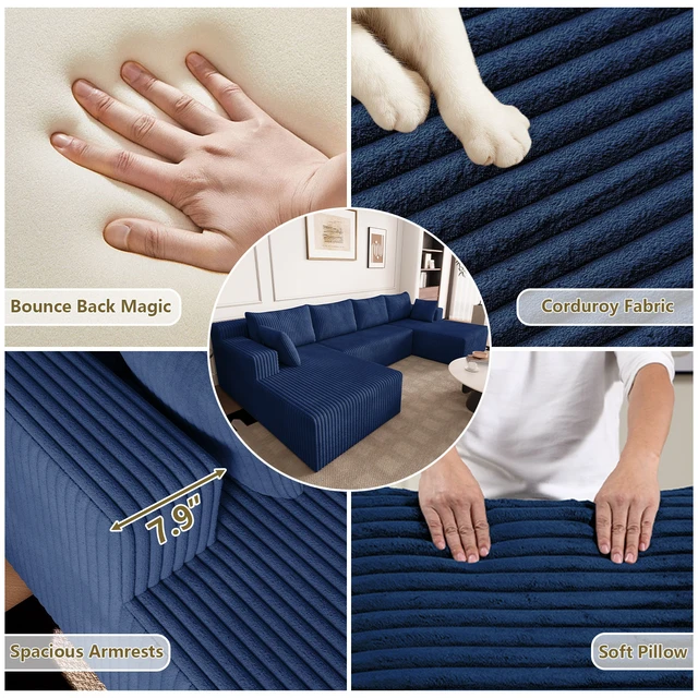 Alt view image 2 of 3 - Modular Sectional Sleeper Sofa, Corduroy Cloud Couch for Living Assembly Required, Blue, Foam