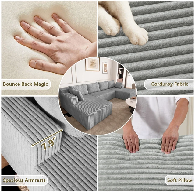 Main image of Modular Sectional Sleeper Sofa, Corduroy Cloud Couch for Living Assembly Required, Light Grey, Foam