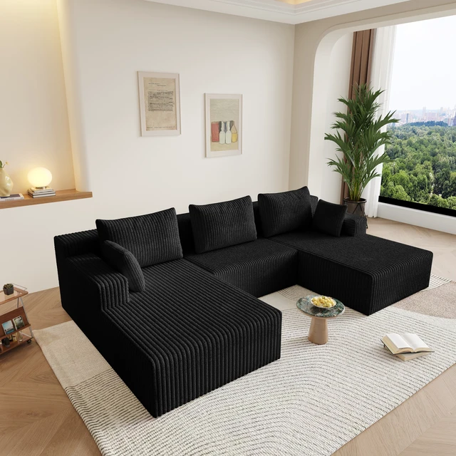 Alt view image 2 of 7 - 107modular Sectional Sleeper Sofa, Corduroy Cloud Couch for Living Assembly Required, Black, Foam