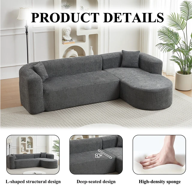 Alt view image 3 of 6 - Video 109.4 Inch Modular Sectional Sofa Curved Back Sofa, Chenille Fabric Two Throw Pillows l Shape Cloud Couch