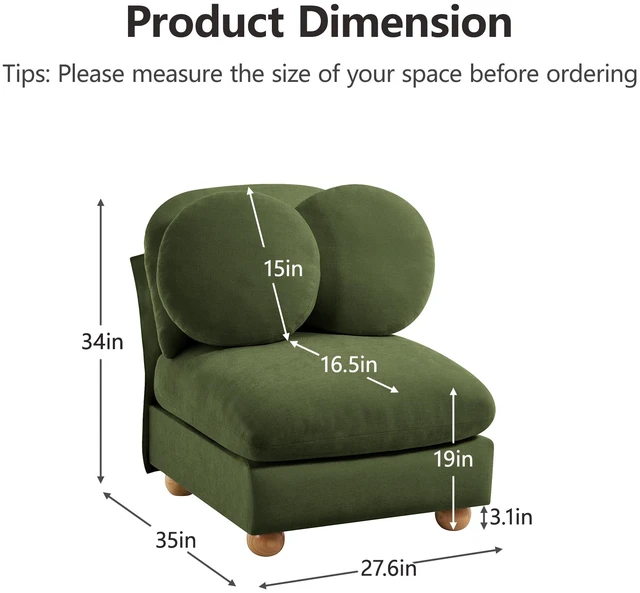 Alt view image 3 of 7 - Armless Sofa Chenille Fabric Pillows, Green