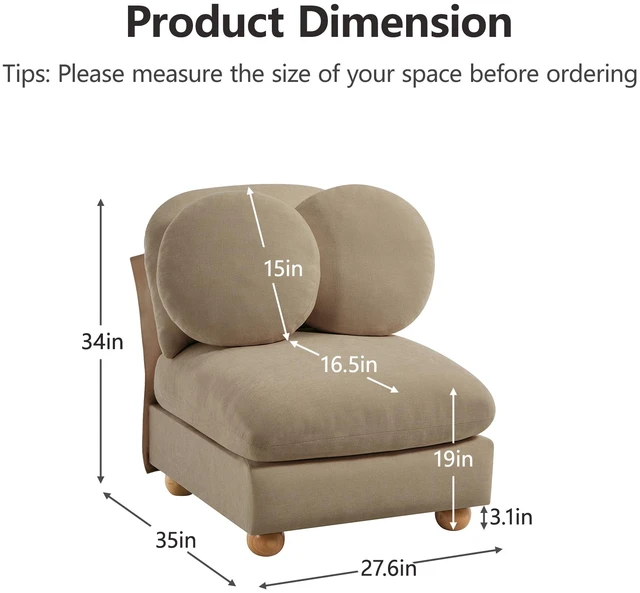 Alt view image 3 of 7 - Armless Sofa Chenille Fabric Pillows, Camel