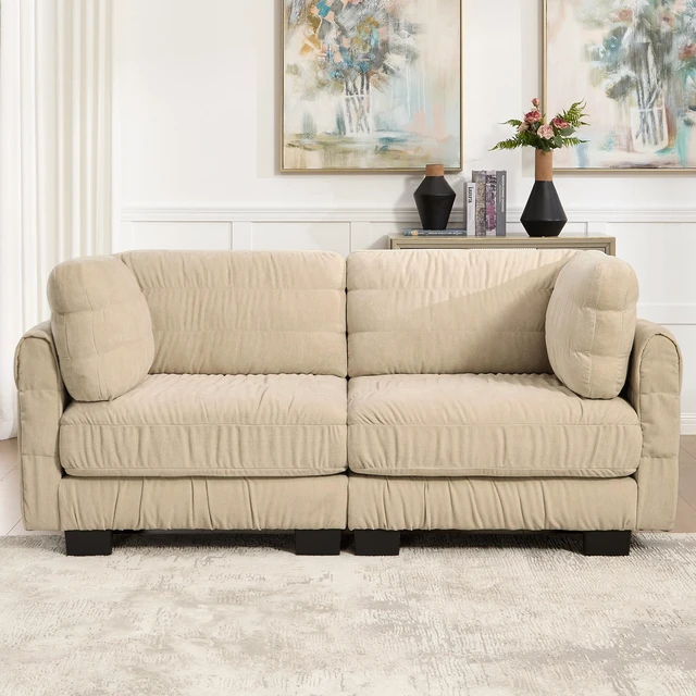 Main image of Ruched Detailing Chenille Loveseat Modular Sectional Sofa, High Density Foam l Shape Thickened Back Cushions Easy