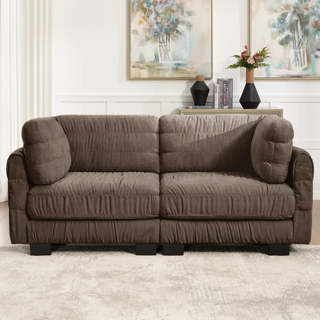 Main image of Ruched Detailing Chenille Loveseat Modular Sectional Sofa, High Density Foam l Shape Thickened Back Cushions Easy