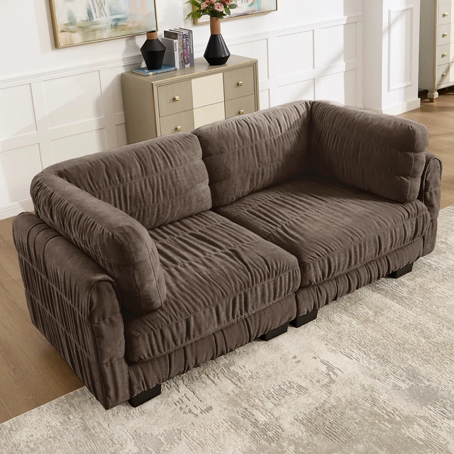 Alt view image 3 of 7 - Ruched Detailing Chenille Loveseat Modular Sectional Sofa, High Density Foam l Shape Thickened Back Cushions Easy