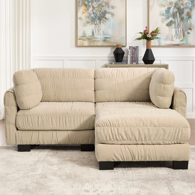Main image of 2 Seat Ruched Detailing Chenille Modular Sectional Sofa, Movable Ottoman High Density Foam l Shape Thickened Back