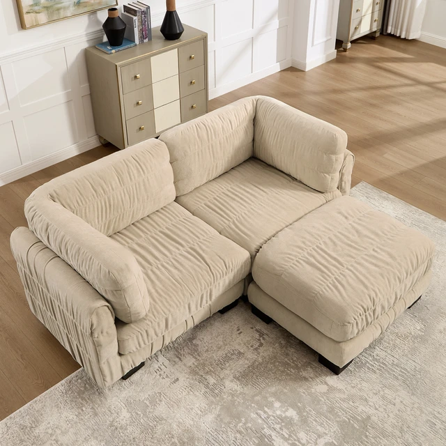 Alt view image 2 of 7 - 2 Seat Ruched Detailing Chenille Modular Sectional Sofa, Movable Ottoman High Density Foam l Shape Thickened Back