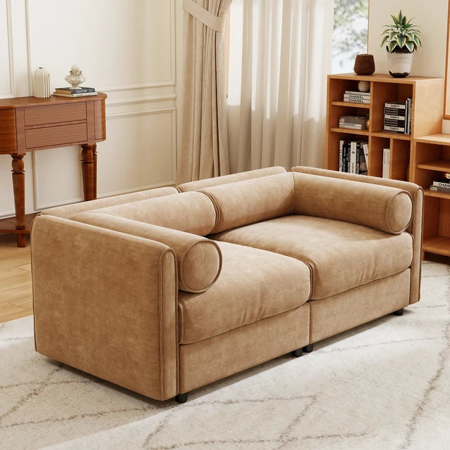 Alt view image 3 of 7 - Chenille Seater Sofa with Storage Seat, Cylindrical Backrest and Armrests Fabric Loveseat Featuring Hidden Storage