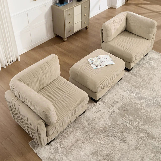 Alt view image 4 of 7 - 2 Seat Ruched Detailing Chenille Modular Sectional Sofa, Movable Ottoman High Density Foam l Shape Thickened Back