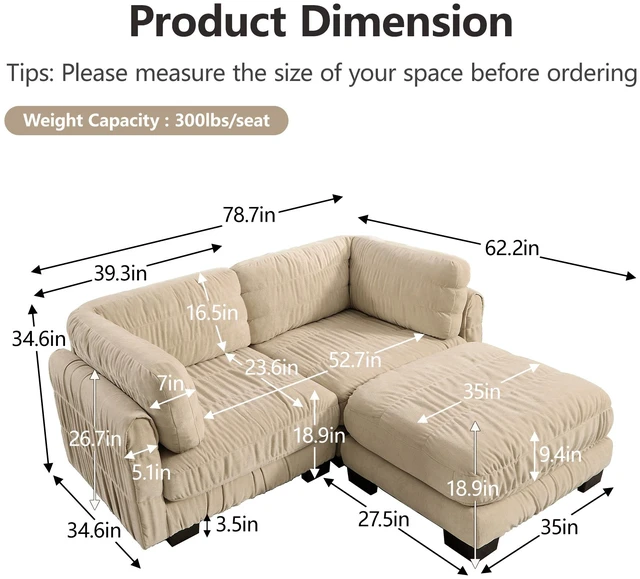 Alt view image 6 of 7 - 2 Seat Ruched Detailing Chenille Modular Sectional Sofa, Movable Ottoman High Density Foam l Shape Thickened Back