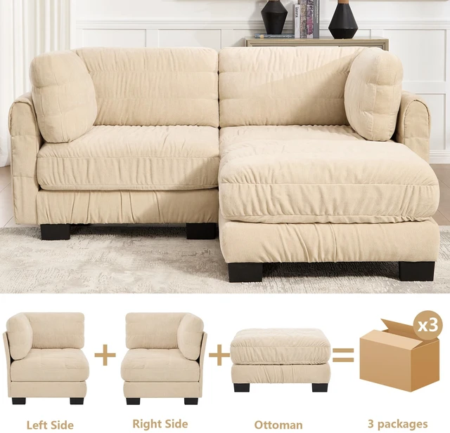 Alt view image 5 of 7 - 2 Seat Ruched Detailing Chenille Modular Sectional Sofa, Movable Ottoman High Density Foam l Shape Thickened Back