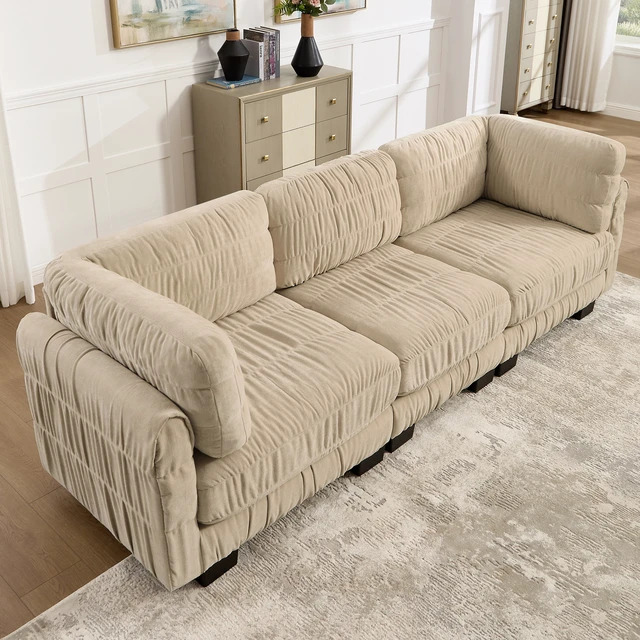 Alt view image 2 of 7 - 3 Seat Ruched Detailing Chenille Modular Sectional Sofa, High Density Foam l Shape Thickened Back Cushions Easy