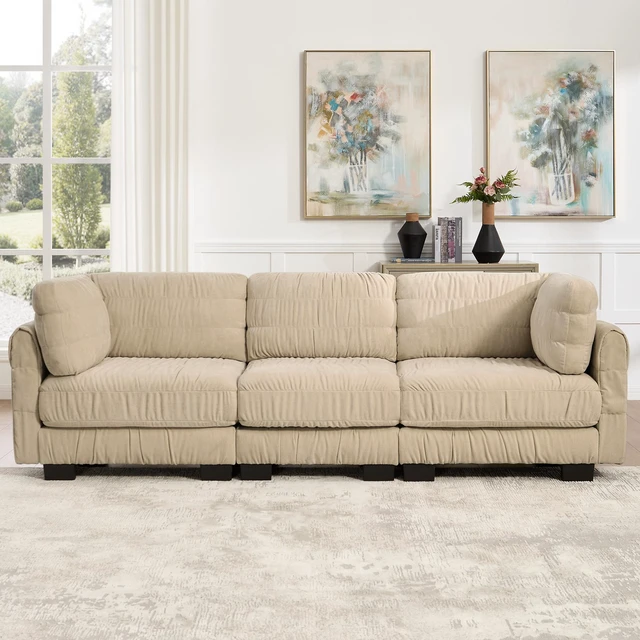 Main image of 3 Seat Ruched Detailing Chenille Modular Sectional Sofa, High Density Foam l Shape Thickened Back Cushions Easy