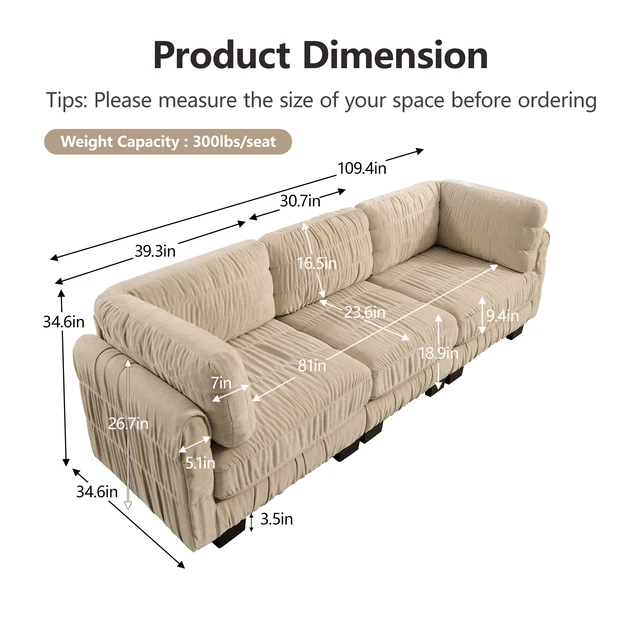 Alt view image 5 of 7 - 3 Seat Ruched Detailing Chenille Modular Sectional Sofa, High Density Foam l Shape Thickened Back Cushions Easy