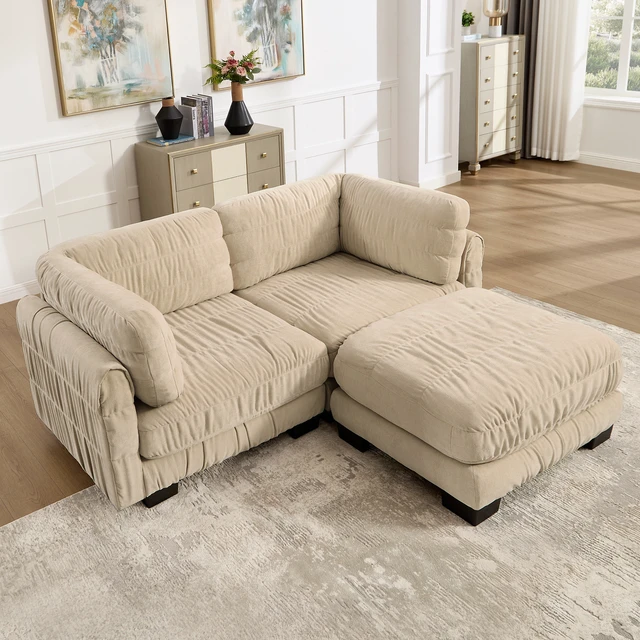 Alt view image 3 of 7 - 2 Seat Ruched Detailing Chenille Modular Sectional Sofa, Movable Ottoman High Density Foam l Shape Thickened Back