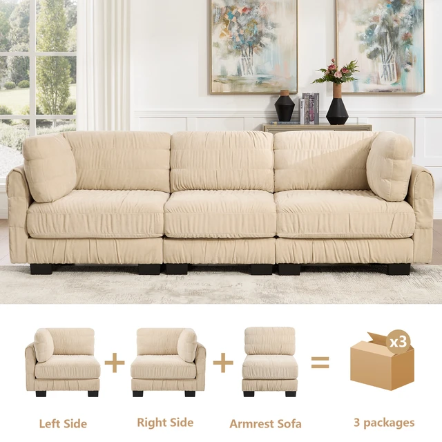 Alt view image 4 of 7 - 3 Seat Ruched Detailing Chenille Modular Sectional Sofa, High Density Foam l Shape Thickened Back Cushions Easy