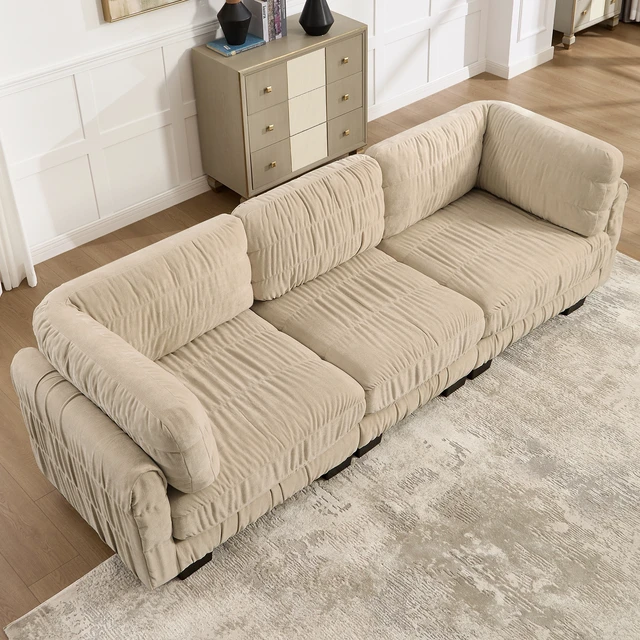 Alt view image 3 of 7 - 3 Seat Ruched Detailing Chenille Modular Sectional Sofa, High Density Foam l Shape Thickened Back Cushions Easy