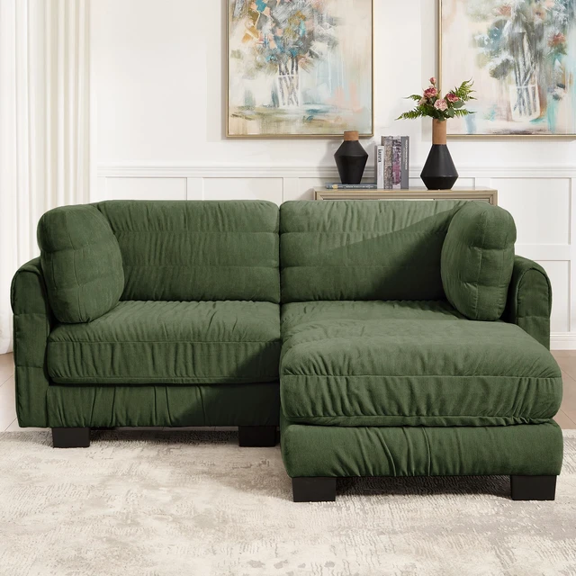 Main image of 2 Seat Ruched Detailing Chenille Modular Sectional Sofa, Movable Ottoman High Density Foam l Shape Thickened Back