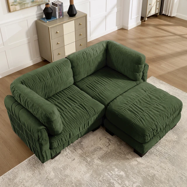 Alt view image 3 of 7 - 2 Seat Ruched Detailing Chenille Modular Sectional Sofa, Movable Ottoman High Density Foam l Shape Thickened Back