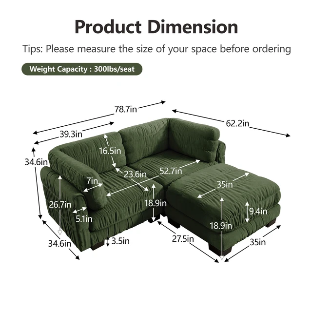 Alt view image 6 of 7 - 2 Seat Ruched Detailing Chenille Modular Sectional Sofa, Movable Ottoman High Density Foam l Shape Thickened Back