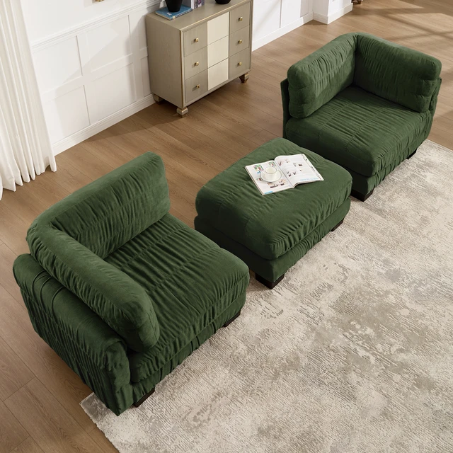 Alt view image 4 of 7 - 2 Seat Ruched Detailing Chenille Modular Sectional Sofa, Movable Ottoman High Density Foam l Shape Thickened Back