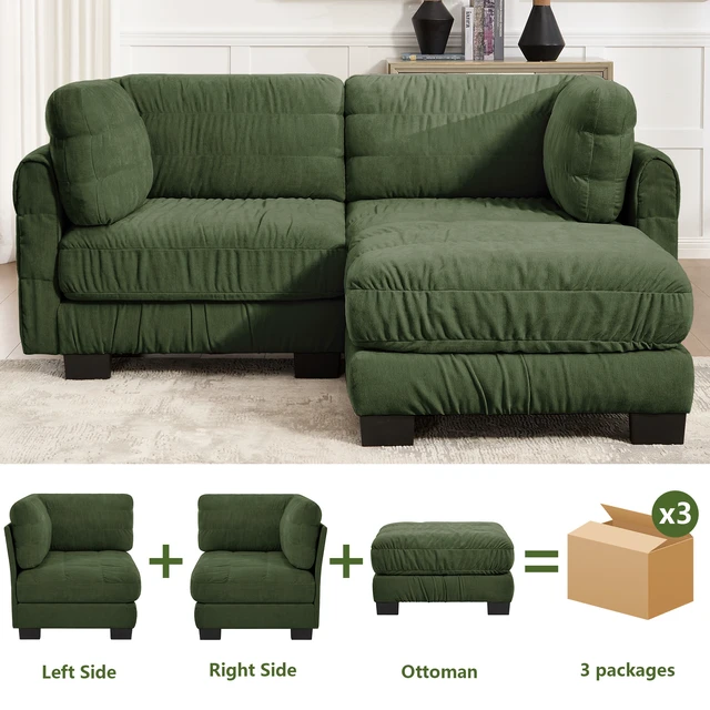 Alt view image 5 of 7 - 2 Seat Ruched Detailing Chenille Modular Sectional Sofa, Movable Ottoman High Density Foam l Shape Thickened Back